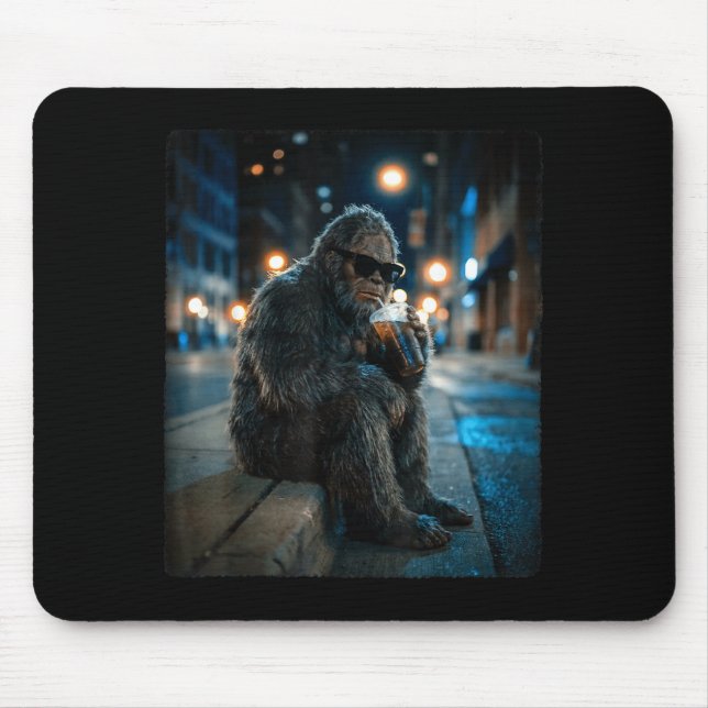 Bigfoot sasquatch drinking iced coffee funny anima mouse mat (Front)