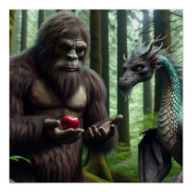 Bigfoot Sasquatch Feeding Dragon Poster (Front)