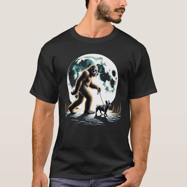 Bigfoot Sasquatch French Bulldog Walking Dog T-Shirt (Front)