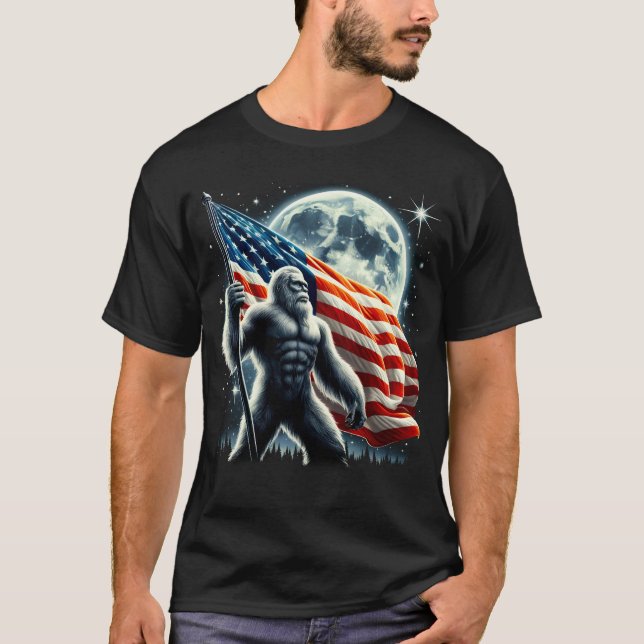 Bigfoot Sasquatch Full Moon Patriotic American T-Shirt (Front)