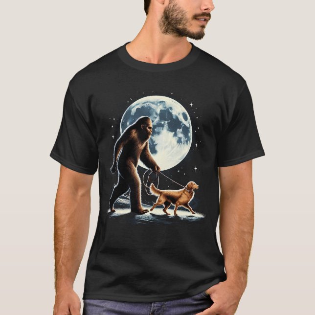 Bigfoot Sasquatch Golden Retriever Walking Dog T-Shirt (Front)