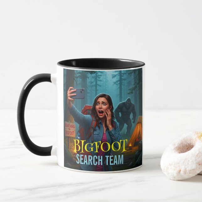 Bigfoot Sasquatch In The Woods Coffee Mug (With Donut)