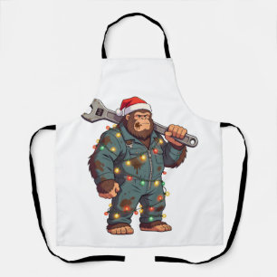 Bigfoot Sasquatch Mechanic Christmas Blue Collar Apron