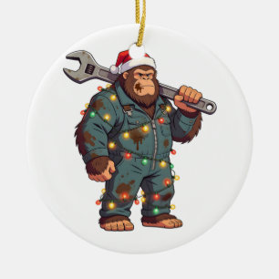 Bigfoot Sasquatch Mechanic Christmas Blue Collar Ceramic Tree Decoration