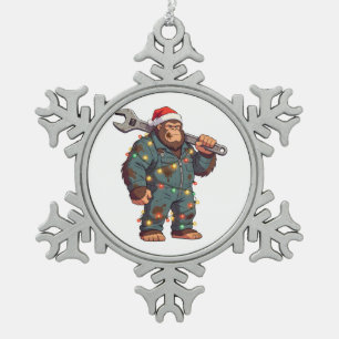 Bigfoot Sasquatch Mechanic Christmas Blue Collar Snowflake Pewter Christmas Ornament