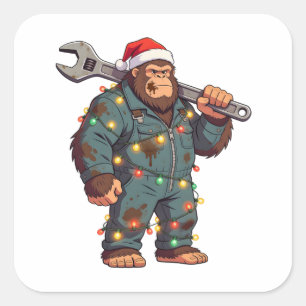 Bigfoot Sasquatch Mechanic Christmas Blue Collar Square Sticker
