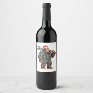 Bigfoot Sasquatch Mechanic Christmas Blue Collar Wine Label