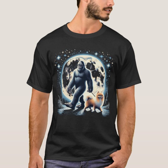 Bigfoot Sasquatch Pomeranian Walking Dog Lover T-Shirt (Front)