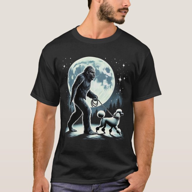 Bigfoot Sasquatch Poodle Walking Dog Lover Moon T-Shirt (Front)
