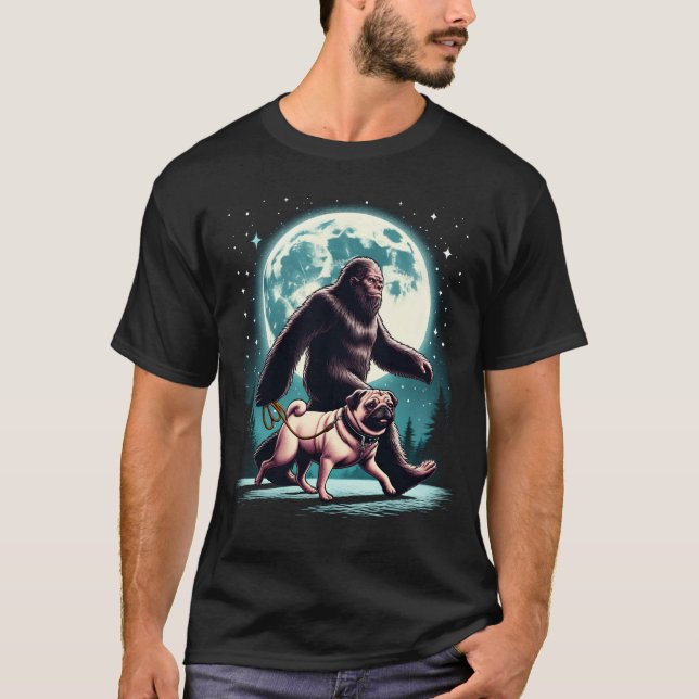 Bigfoot Sasquatch Pug Walking Dog Lover Moon T-Shirt (Front)