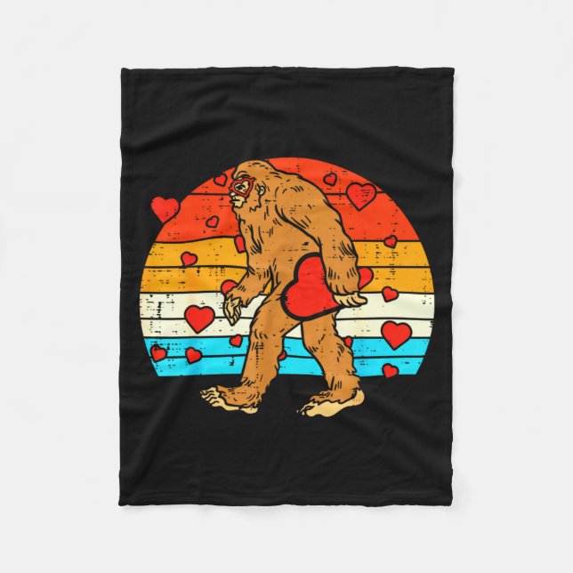 Bigfoot Sasquatch Retro Heart Funny Valentines Day Fleece Blanket (Front)