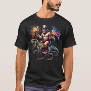 Bigfoot Sasquatch Riding Dinosaur T rex. Funny 4th T-Shirt