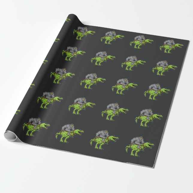 Bigfoot Sasquatch Riding Dinosaur T rex Wrapping Paper (Unrolled)