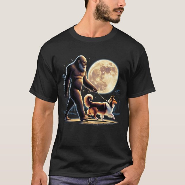 Bigfoot Sasquatch Sheltie Walking Dog Lover Moon T-Shirt (Front)