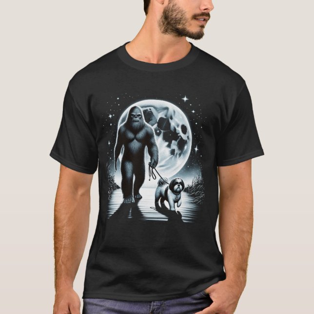 Bigfoot Sasquatch Shih Tzu Walking Dog Lover Moon T-Shirt (Front)