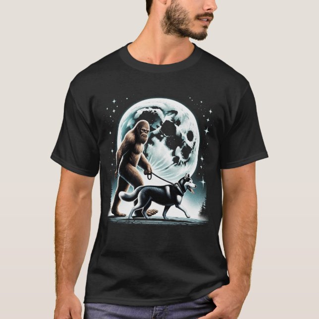 Bigfoot Sasquatch Siberian Husky Walking Dog T-Shirt (Front)