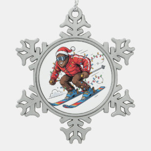 Bigfoot Sasquatch Skiing Christmas 2026 Holiday Snowflake Pewter Christmas Ornament