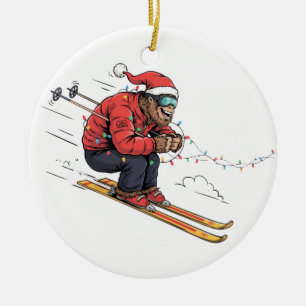 Bigfoot Sasquatch Skiing Christmas Ice Skiing Ceramic Tree Decoration