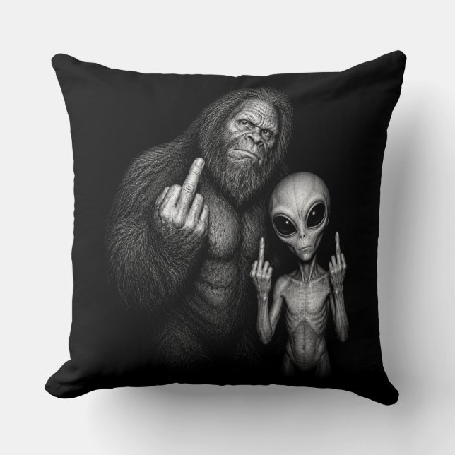 Bigfoot Sasquatch Space Alien Middle Finger Cushion (Front)