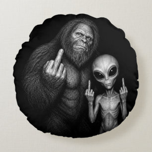 Bigfoot Sasquatch Space Alien Middle Finger Round Cushion