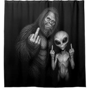 Bigfoot Sasquatch Space Alien Middle Finger Shower Curtain