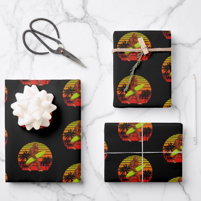 Bigfoot Sasquatch Surfer Dude Surf Board Wrapping Paper Sheet (Front)