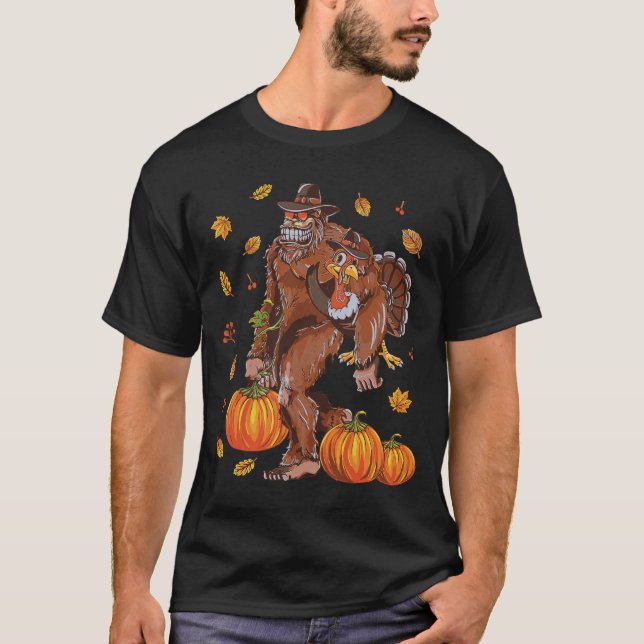 Bigfoot Sasquatch Turkey Pumpkin Happy Thanksgivin T-Shirt (Front)