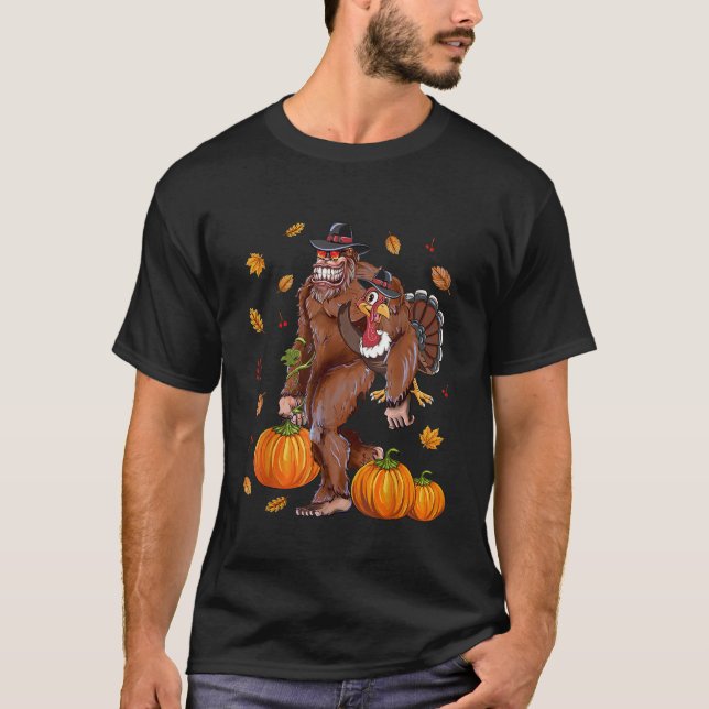 Bigfoot Sasquatch Turkey Pumpkin Happy Thanksgivin T-Shirt (Front)