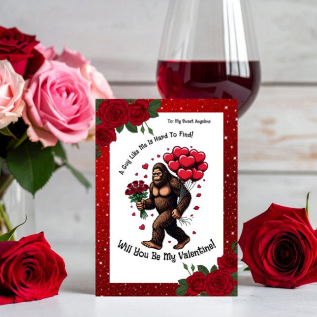 Bigfoot Sasquatch Valentine Romantic Red Glitter  Holiday Card (Creator Uploaded)
