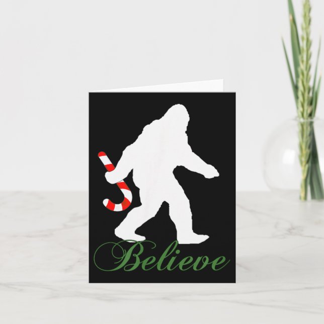 Bigfoot Sasquatch Yeti Believe Candy Cane Christma Card (Front)