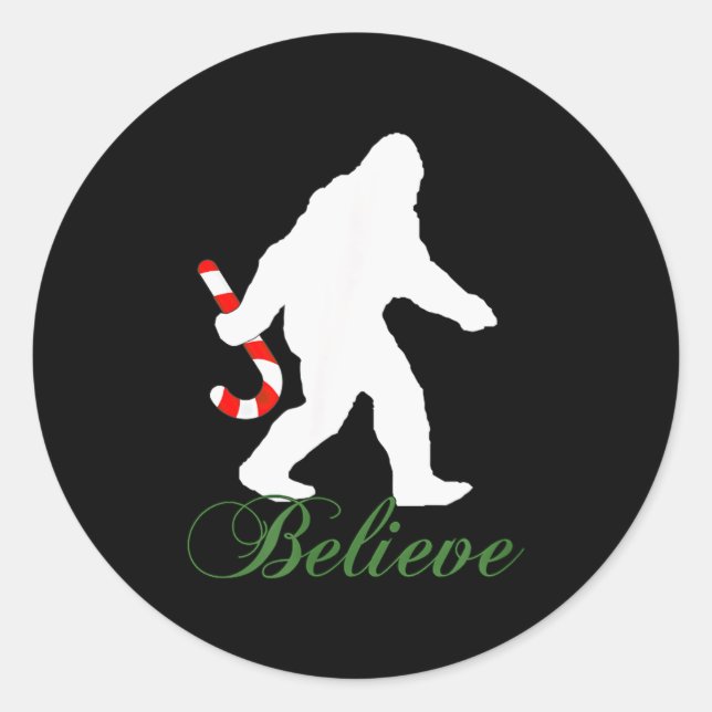 Bigfoot Sasquatch Yeti Believe Candy Cane Christma Classic Round Sticker (Front)
