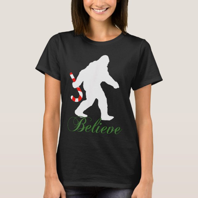 Bigfoot Sasquatch Yeti Believe Candy Cane Christma T-Shirt (Front)