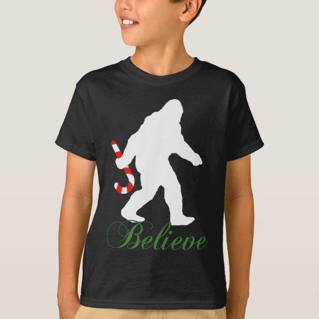 Bigfoot Sasquatch Yeti Believe Candy Cane Christma T-Shirt (Front)