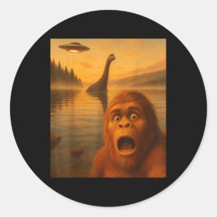 Bigfoot Selfie With Loch Ness Ufo Alien Gifts Men  Classic Round Sticker