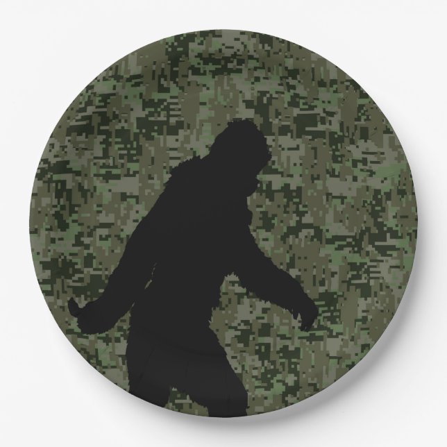 Bigfoot Silhouette on Woodland Digital Camouflage Paper Plate (Front)