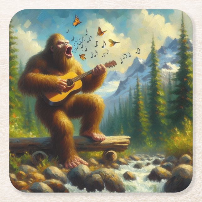 Bigfoot Singing Square Paper Coaster (Front)