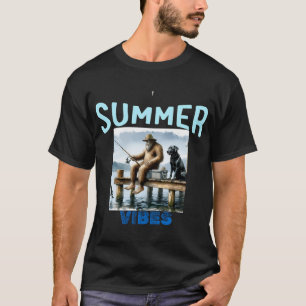 Bigfoot sitting on a dock fishing with his black l T-Shirt