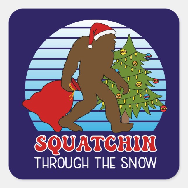 Bigfoot Squatchin Through the Snow Christmas Square Sticker (Front)