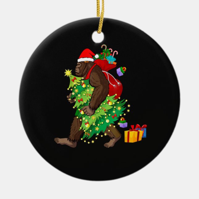 Bigfoot Squatching Through the Snow Christmas Tree Ceramic Tree Decoration (Front)