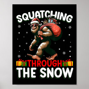 Bigfoot Squatching Through The Snow Santa Hat Xmas Poster