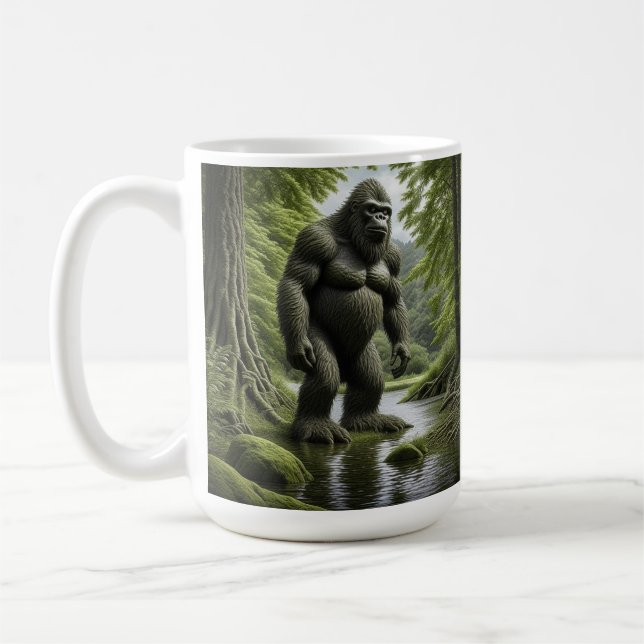 Bigfoot standing in a Creek Cartoon  Coffee Mug (Left)