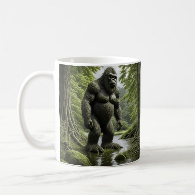 Bigfoot standing in a Creek Cartoon  Coffee Mug (Left)
