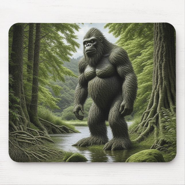 Bigfoot standing in a Creek Cartoon  Mouse Mat (Front)