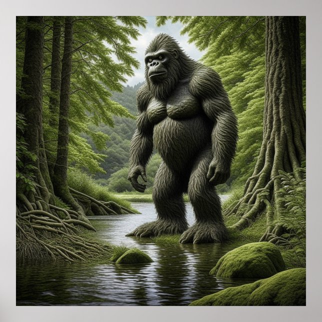 Bigfoot standing in a Creek Cartoon  Poster (Front)