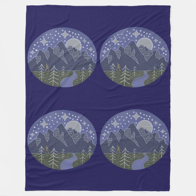 Bigfoot Starry Night Walk | Cryptid Folk Art Fleece Blanket (Front)