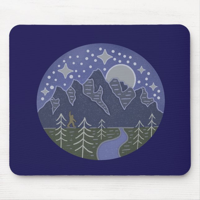 Bigfoot Starry Night Walk | Cryptid Folk Art Mouse Mat (Front)