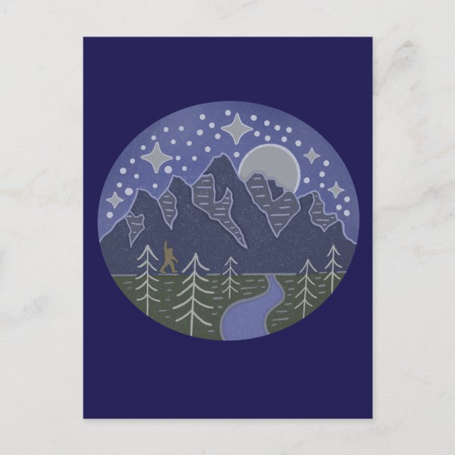 Bigfoot Starry Night Walk | Cryptid Folk Art Postcard (Front)