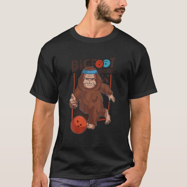 Bigfoot Strikes 10 Pin Bowling Sasquatch Bowler Gi T-Shirt (Front)