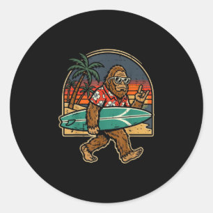 Bigfoot surfer rock hand sasquatch rocker men boys classic round sticker