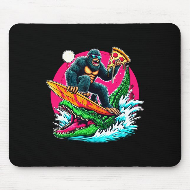 Bigfoot Surfing Eating Pizza Alligator Attack Funn Mouse Mat (Front)